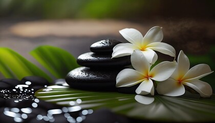 spa or meditation massage therapy center banner of white plumeria white flowers and stack of black stones - Generative AI