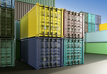 Warehouse containers. Steel tare for logistics. Territory with containers open-air . Twenty -foot containers for transpartments. Territory of harbor or port. Cargo sea tare. 3d image