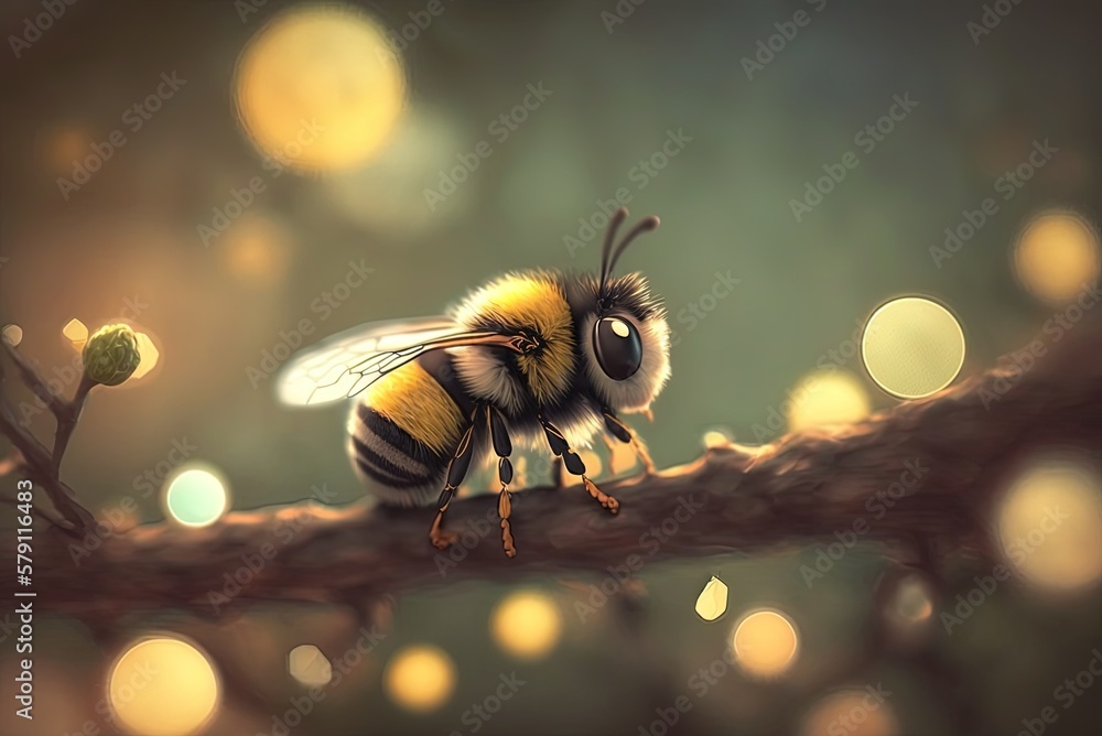 Aufkleber bee on a tree branch, closeup, bokeh effect generative ai