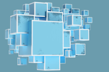 Geometric background. Volumetric texture. Turquoise wallpaper. Cubes similar to block scheme. Turquoise background for design. Pattern with cubes different size. Simple backdrop. 3d image