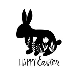 Floral Bunny Silhouette with hand drawing lettering Happy Easter. Spring Farmhouse design.