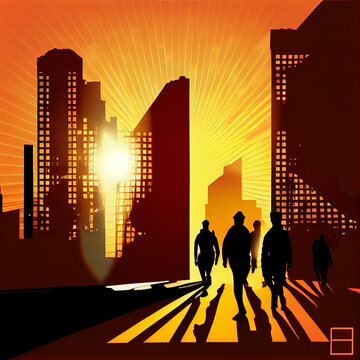 Silhouette walk at sunset: people walking in the shining rays of the setting sun. AI Generated