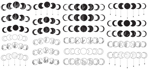 Big set of moon cycle with wild flowers, vector art