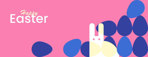 Happy Easter banner. Modern minimal style. Flat vector illustration. Trendy Easter design with typography, rabbit and eggs. Funny horizontal template. Isolated elements. Cute header for website.