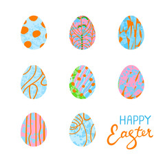 Vector Colorful Greeting Card with Illustration of Easter Eggs and Hand Drawn Littering Happy Easter