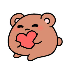 Hand-drawn Cute Brown Bear hug pink Heart in doodle style