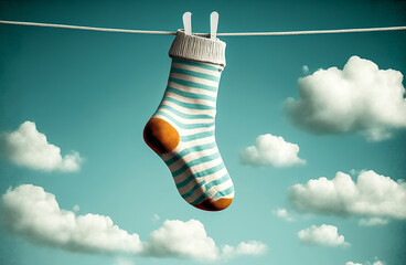 Unique sock hanging from a clothesline, blowing in the wind. Adds a touch of humor and emphasizes the fun and quirky. Generative AI