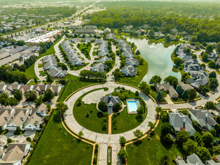 An aerial drone view of an Indianapolis suburb sprawl