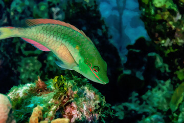 Digitally created watercolor painting of a princess parrotfish swimming over the coral reef