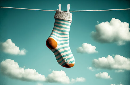 Unique sock hanging from a clothesline, blowing in the wind. Adds a touch of humor and emphasizes the fun and quirky. Generative AI