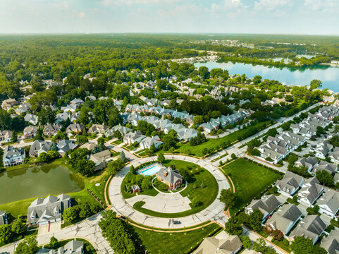 An aerial drone view of an Indianapolis suburb sprawl