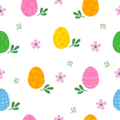 Vector Colorful Seamless Background With Illustrations of Easter Eggs, Flowers and Plants on White Background