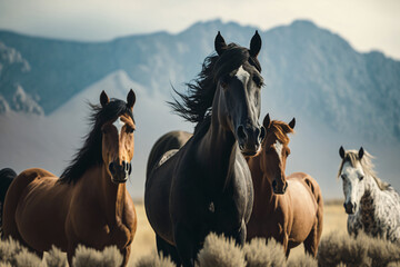 Fototapeta na wymiar Wild horses in a vast prairie land. Generative ai.