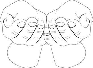Vector image of pleading hands in line style. Handshake, hands begging for alms. Two hands on transparent background