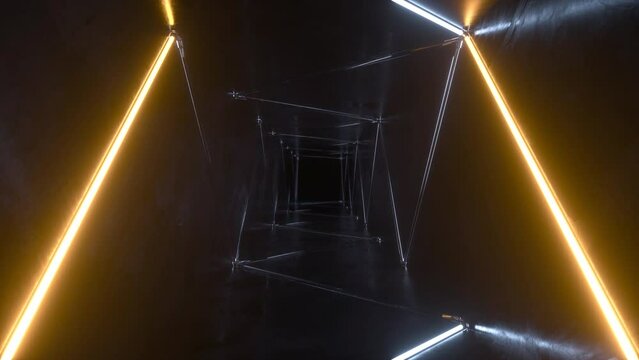 Neon Tunnel, an Endless hall with neon tubes, Forward driving camera with a chaser effect on the lights