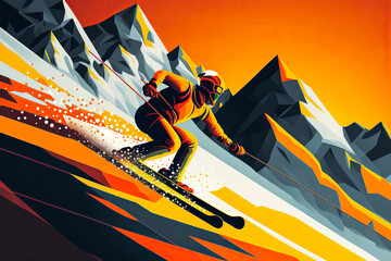 A skier glides down a mountain slope with orange and yellow accents. Can be used to promote ski offers or activities related to winter sports. Generative AI