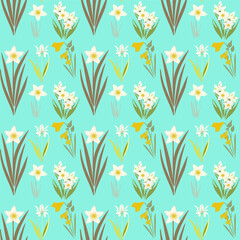 Vector seamless pattern of cute flat spring flowers  First blooming plants illustration. Floral clip art collection