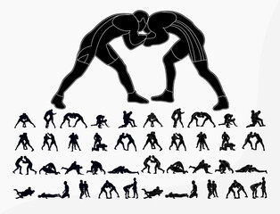 Big set 40 silhouettes athlete wrestler in wrestling, duel, fight. Greco Roman  wrestling, martial art, sportsmanship