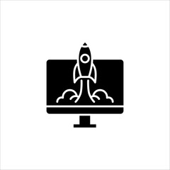 Rocket ship with fire icon. Flying rocket icon. Space travel. Project start up sign on white background