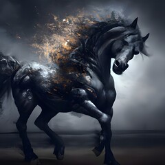 Obrazy na Plexi  Czarny ogier. Piękny czarny koń, błyszcząca sierść, długa rozwiana grzywa.