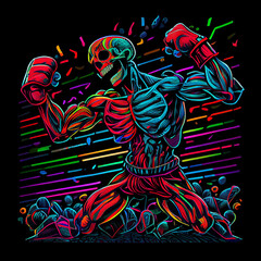 Skeleton raising his hands in boxing gloves, demonstrating victory at stadium. AI generative.