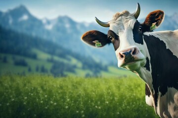 Cow on the background of the Alpine mountains. Generative AI
