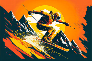 A skier sliding down a mountain slope with orange and yellow accents. Ideal for promoting ski passes or winter sports activities. Generative AI