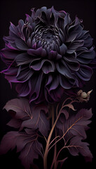 Surreal dark black flower dahlia macro isolated on black