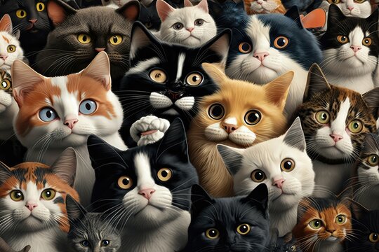 3D cute very many cats. Full cats on background. Generative AI