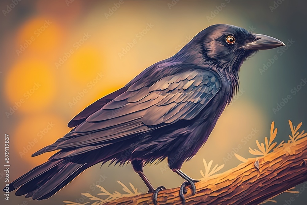 Poster the blurred surface of a close-up of an american crow sitting on a tree limb generative ai