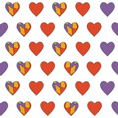Seamless pattern heart in trendy retro groovy style. With valentines day elements. Candy hearts