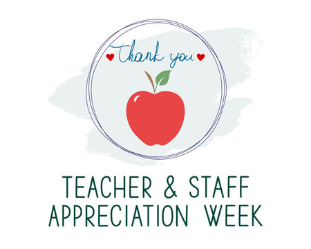 Teacher and staff appreciation week school banner. Red apple, text Thank You and hearts in the frame on white, vector. 