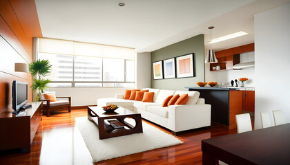 architectural photography a modern living room, in orange and white. A sunny and bright room