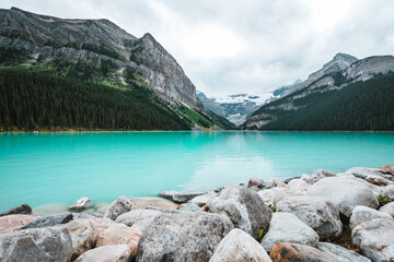Majestic Moraine Lake in Alberta, Canada with stunning turquoise water