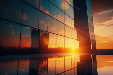 Modern skyscraper with mirror glass, sunset background.Generative AI