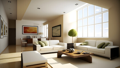 Fototapeta na wymiar architectural photography a modern living room, In warm and delicate colors. A sunny and bright room