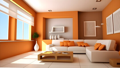 architectural photography a modern living room, In warm and delicate colors. A sunny and bright room
