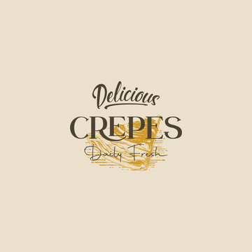 Hand drawn vector french dessert crepes berries sketch. Abstract Sign, Symbol or Logo Template. Hand Drawn Sweet with Typography. Bakery Vector Emblem Concept. Isolated.Fresh sweet breakfast pastries.