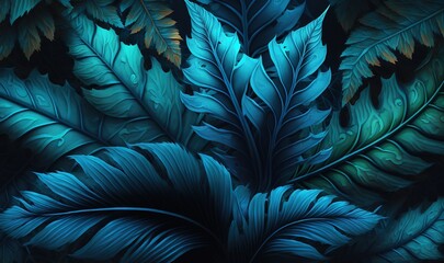  a close up of a blue and green leafy pattern on a black background with water droplets on the leaves and the leaves of the plant.  generative ai
