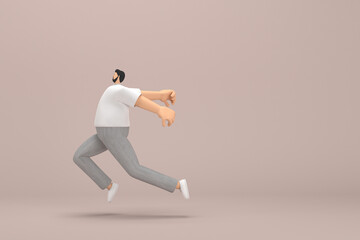 Fototapeta na wymiar The man with beard wearinggray corduroy pants and white collar t-shirt. He is running. 3d rendering of cartoon character in acting.