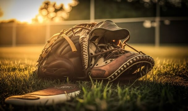  A Baseball Glove And Mitt Laying On The Ground In A Field At Sunset Or Dawn With The Sun Shining On The Field In The Background.  Generative Ai