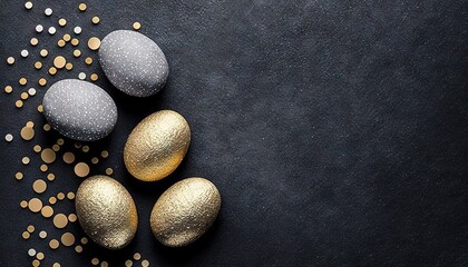  three gold and silver eggs on a black surface with confetti scattered around them on a black surface with a gold and white border.  generative ai