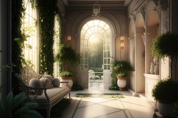 Fototapeta na wymiar Interior design of a lavish side outside garden at morning. Generative AI