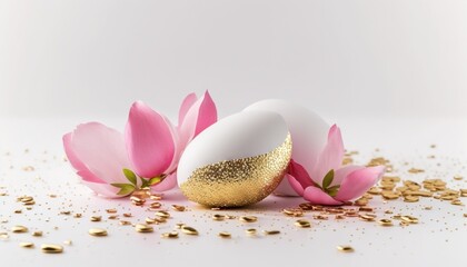 a white egg with a gold leaf on it next to pink flowers and gold flakes on a white surface with a white background with gold flecks.  generative ai