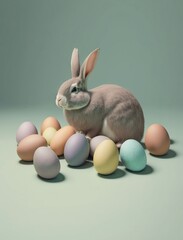 Fototapeta na wymiar a rabbit is sitting among a group of eggs on a green background with a light blue background and a light green background with a light blue border. generative ai