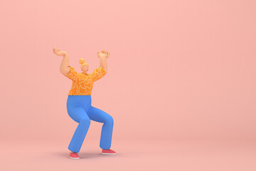 Fototapeta na wymiar The woman with golden hair tied in a bun wearing blue corduroy pants and Orange T-shirt with white stripes. He is pulling or pushing something. 3d rendering of cartoon character in acting.