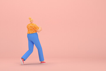 The woman with golden hair tied in a bun wearing blue corduroy pants and Orange T-shirt with white stripes.  She is walking. 3d rendering of cartoon character in acting.