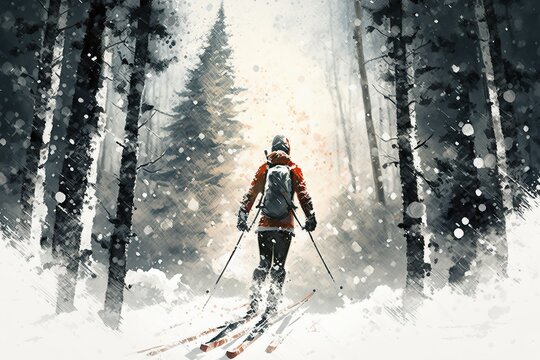 Explore the Winter Beauty: Skier Enjoying the Scenic Forest Trail - Generative AI