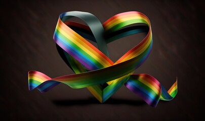  a rainbow heart shaped ribbon on a dark background with a ribbon in the shape of a heart and a ribbon in the shape of a fish.  generative ai