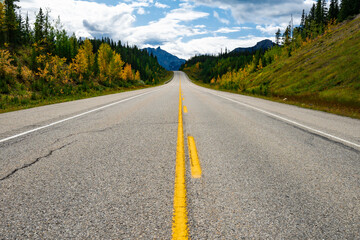 Empty road in Alberta, Canada - perfect road trip vacation during autumn with colored trees